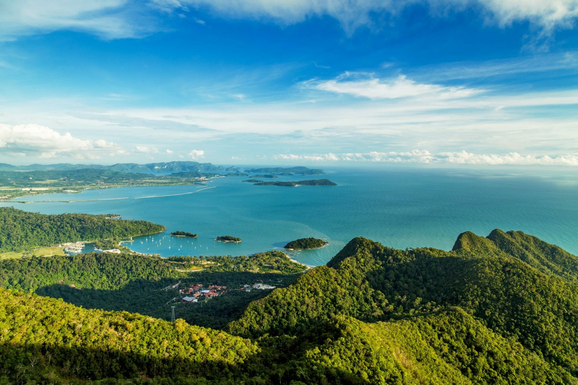 Aerial view of Langkawi islands and turquoise water